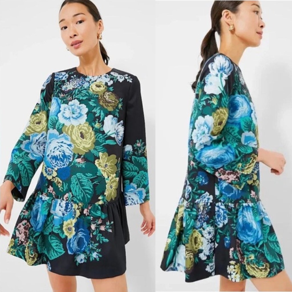 Tuckernuck New Verdant Blue Floral Long Sleeve Drop Waist Pierce Dress Size S